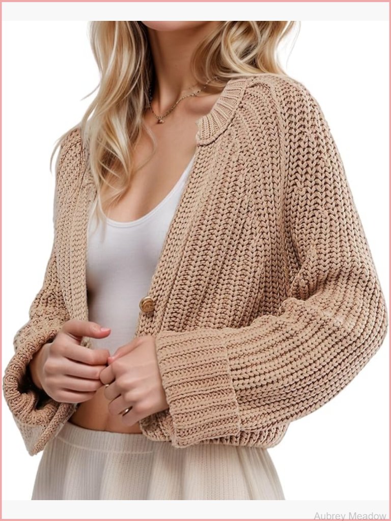 Cropped Cable Knit Cardigan V-Neck Long Sleeve Distressed Fall Layer